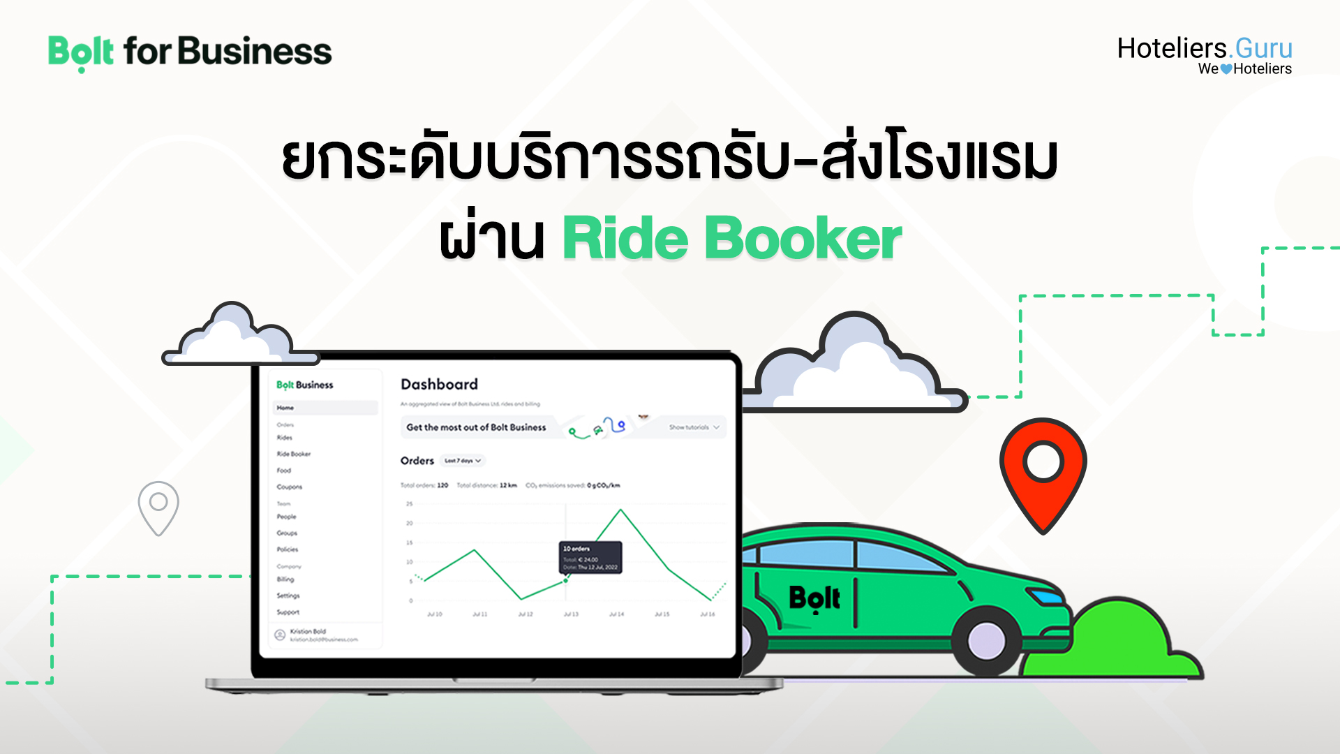 โบล์ทสำหรับองค์กร: ยกระดับบริการรถรับ-ส่งโรงแรมผ่าน Ride Booker